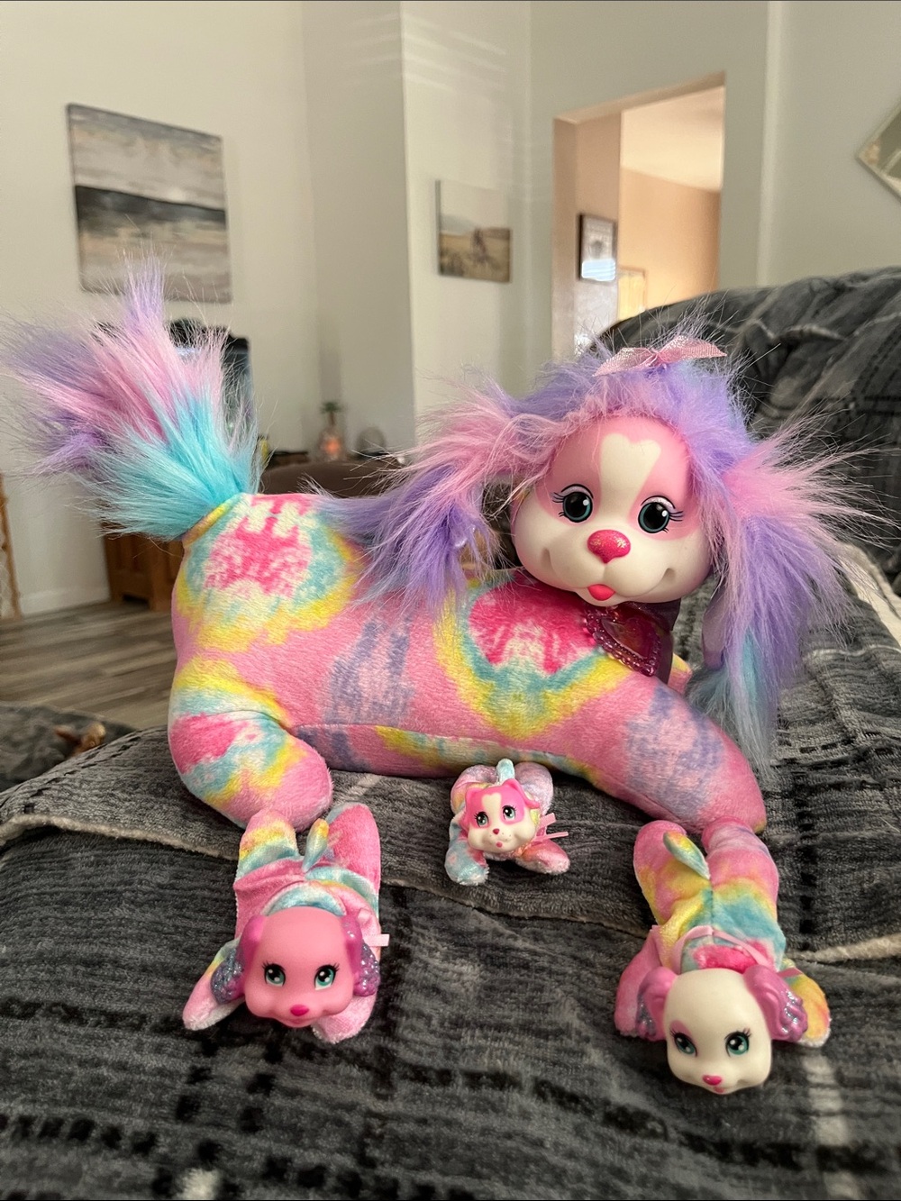 Mom and 3 puppies Plush Tie-Dye Puppy Toy. One puppy has sound. See video.